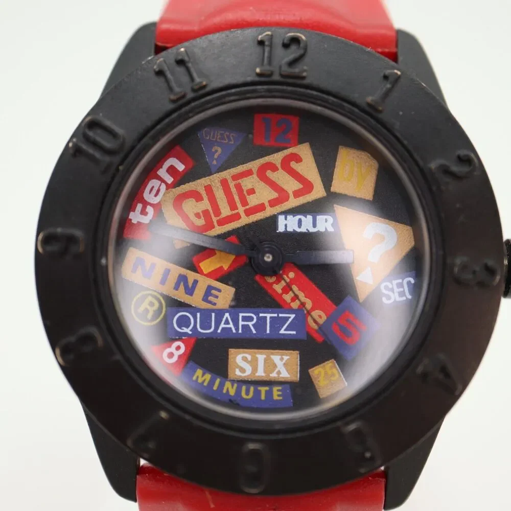 Vintage Guess Watch 30mm Women Retro Art Word Dial 1989 Red Strap w New Battery
